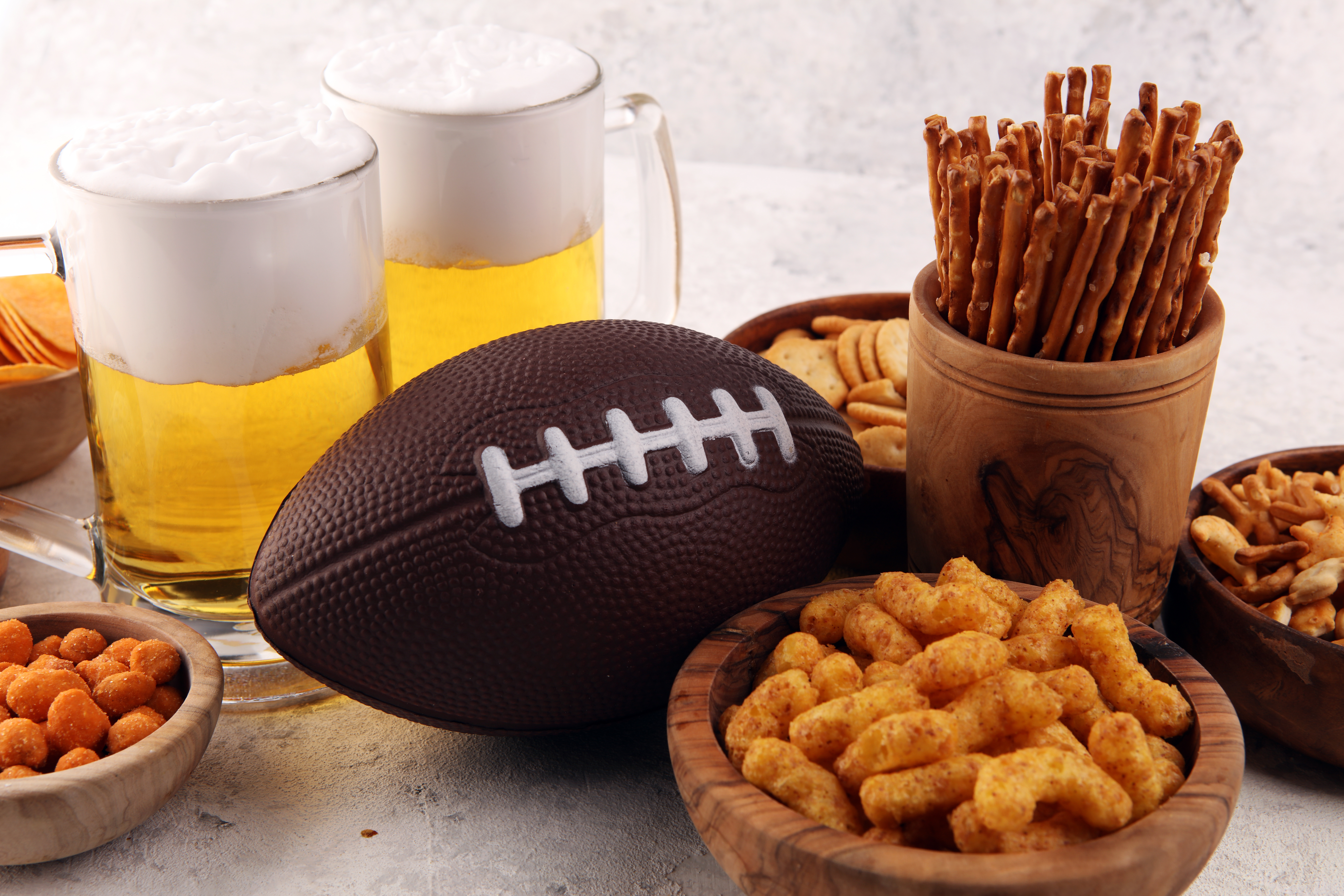 football superbowl beer snacks pretzels cheetos