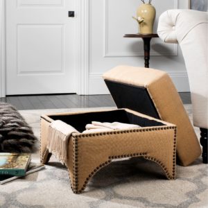 Safavieh Sahara Beige Square Storage Ottoman from Overstock.com - beige tufted upholstered ottoman with removable top and storage capability