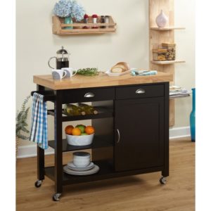 Martha Portable Kitchen Island Cart from Hayneedle.com - wood surface, black drawers, large cabinet and shelves within the unit, small wheels that lock in place and handle for hanging dishtowel
